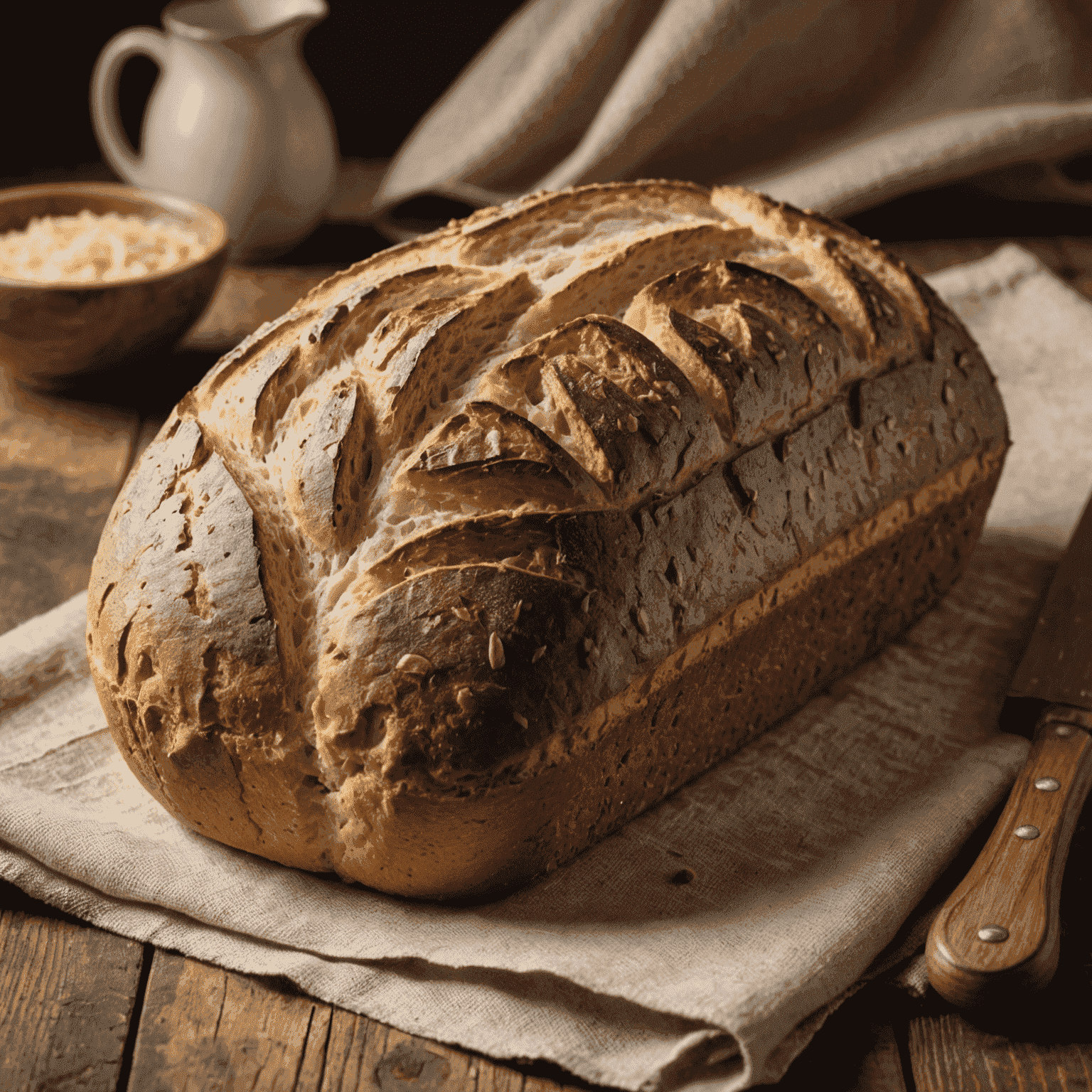 A perfectly baked sourdough loaf with a golden, crusty exterior and visible air pockets in the slice. The bread is placed on a rustic wooden board with a linen cloth.