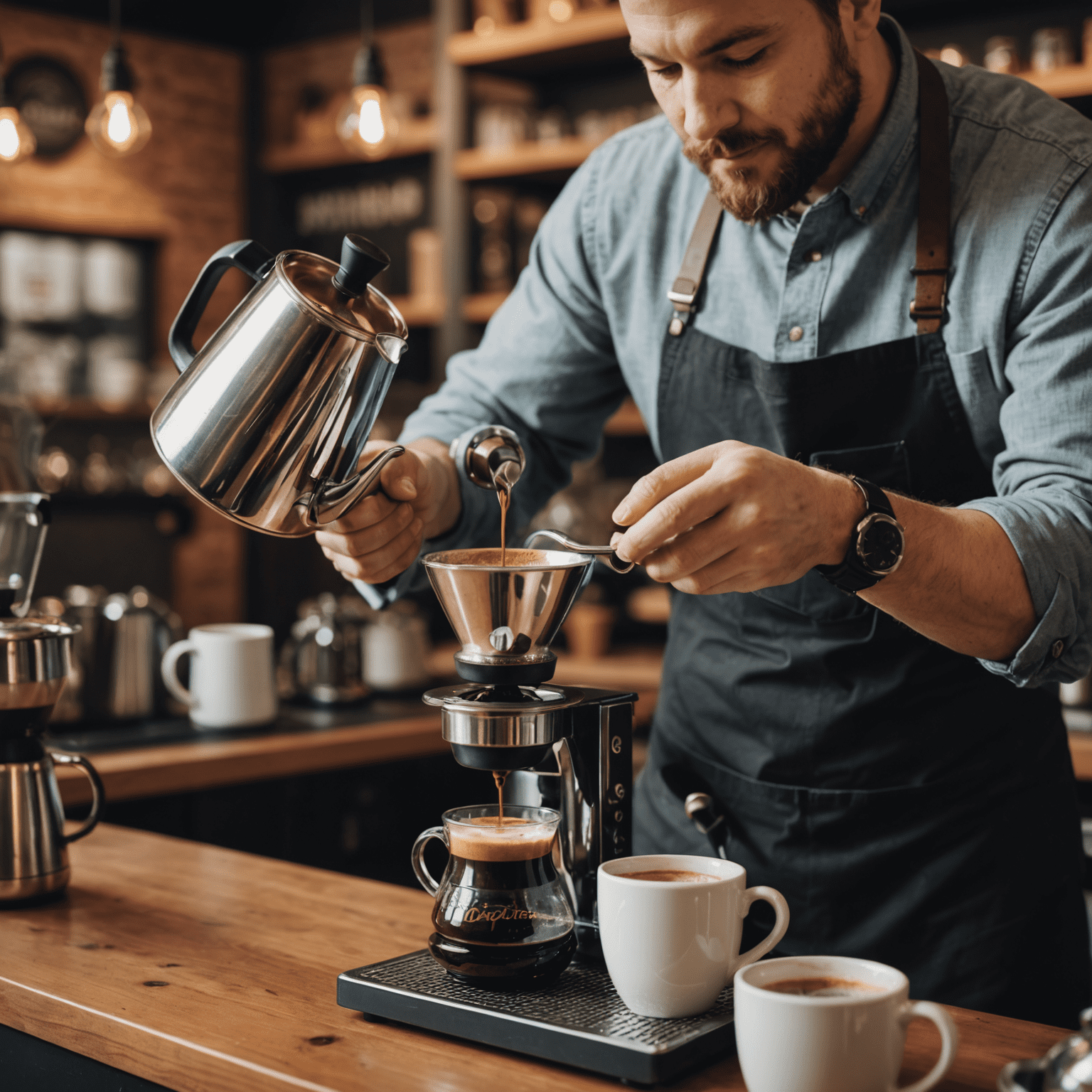 A barista carefully pouring hot water over freshly ground coffee in a pour-over setup. Steam rises from the cup, and various coffee brewing equipment is visible in the background.