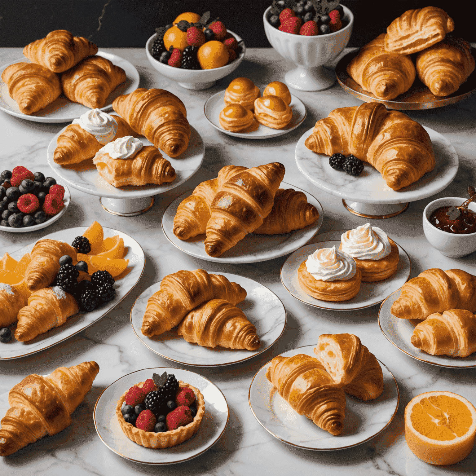 An elegant display of various pastries including flaky croissants, golden éclairs, and delicate fruit tarts. The pastries are arranged on a marble countertop with a few baking tools visible.